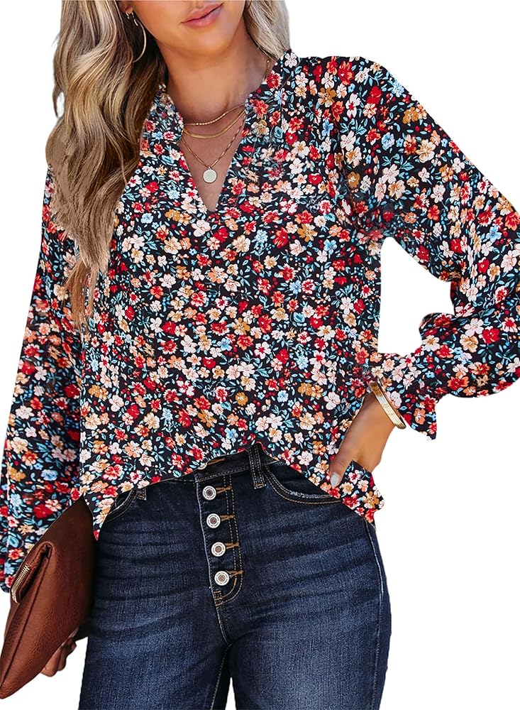 【 BOHEMSEO 】printed long sleeve Women's Casual Boho V Neck Loose Tops Floral Print Long